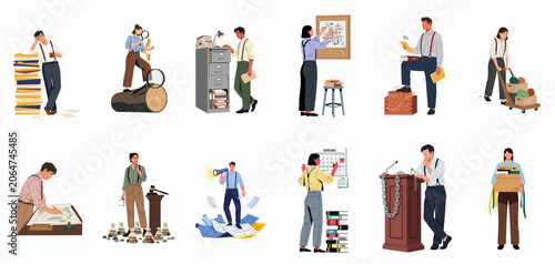 Bilde på lerret Flat Vector Illustrations of Professionals, Investigators and Lawyers Managing Heavy Workloads, Legal Evidence, Deadlines and Complex Investigations in a Retro Style