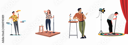 Schilderij op canvas Set of diverse stand-up comedians performing on stage with microphones in differ