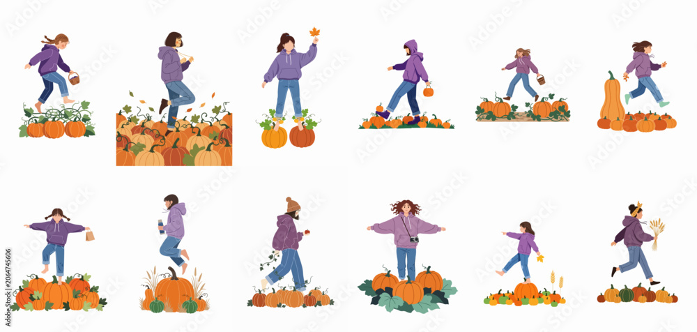 Fototapeta premium Collection of flat illustrations featuring girls in purple hoodies enjoying harvest time, balancing on pumpkins, and celebrating the autumn season.