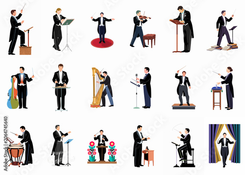 Obraz na plátně Collection of eighteen flat vector illustrations featuring orchestra conductors and classical musicians in formal attire, including various instruments and stage poses