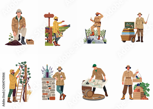 Bild auf Leinwand A collection of vector illustrations depicting various aspects of winemaking, viticulture, and terroir analysis by male experts in a flat design style