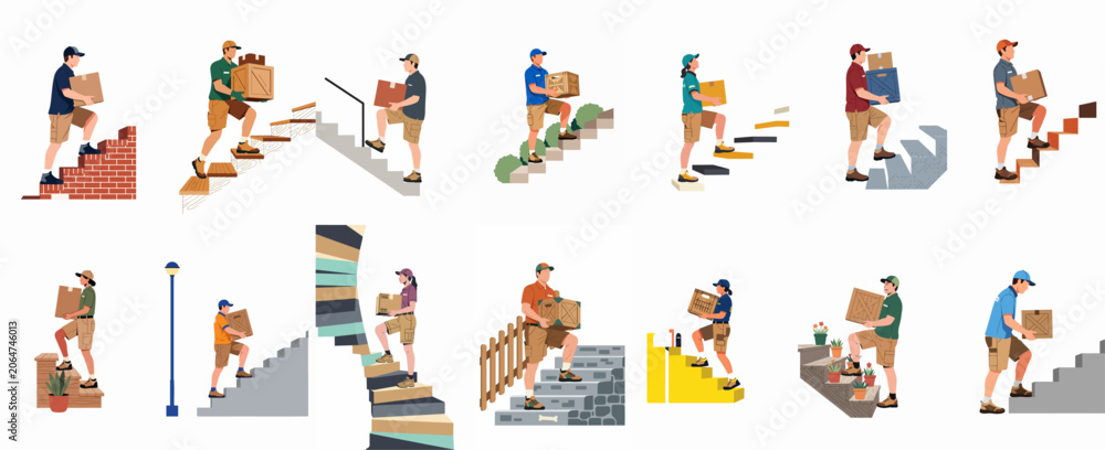 Fototapeta premium Set of delivery personnel in uniform carrying various boxes and crates up different types of stairs, isolated on white background.