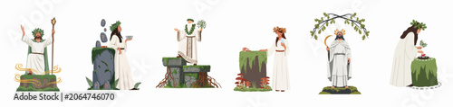 Quadro su tela Collection of Druid priest and priestess characters performing ancient Celtic rituals, nature-based spirituality, and pagan ceremonies in a flat vector illustration style