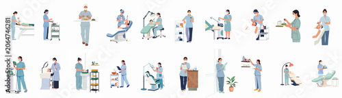 Collection of illustrations showing cosmetologists and beauticians performing professional skincare treatments, facial procedures, and medical spa services in a beauty clinic setting.