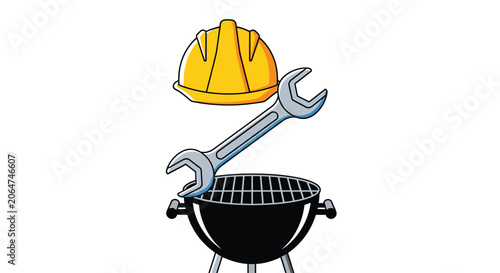 Fotografija Wrench and Hard Hat on Grill 1.