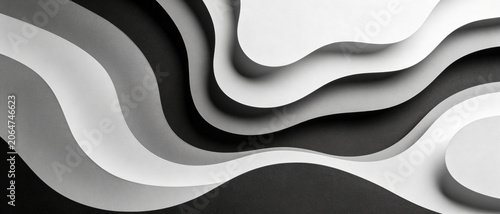 Abstract monochrome paper cutouts create flowing wave-like shapes with shadows