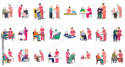Collection of vector illustrations showing a nurse caregiver assisting elderly patients with meals and daily care in a nursing home setting.