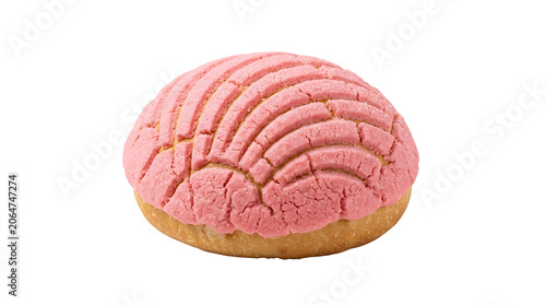 Traditional Mexican pink Concha sweet bread roll pan dulce isolated on a solid white background