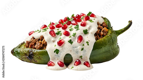 Authentic Mexican Chiles en Nogada stuffed pepper with walnut cream sauce isolated on a white background