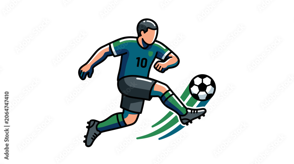 Obraz premium Soccer player kicks ball in motion on field with green and blue uniform
