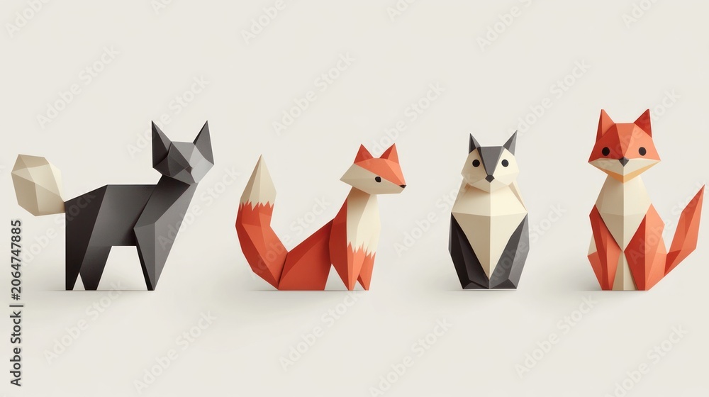 Fototapeta premium Geometric fox figurines in various colors