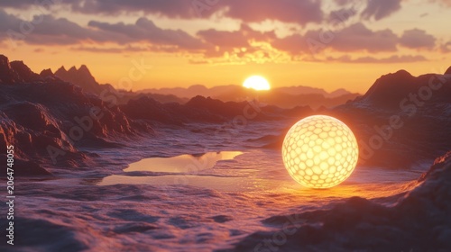 Golden sphere rests in a serene, rocky landscape at sunset