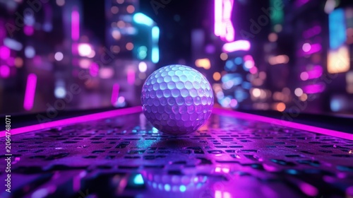 Futuristic golf ball in a vibrant neon city
