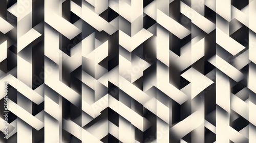 Abstract geometric pattern with layered shapes.  Intricate design of overlapping,  three-dimensional forms.  Creates a sense of depth and movement.  Monochromatic palette of light and dark tones