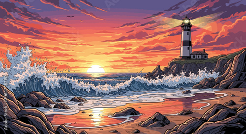 A serene lighthouse by the ocean at sunset with vibrant colors and crashing waves.