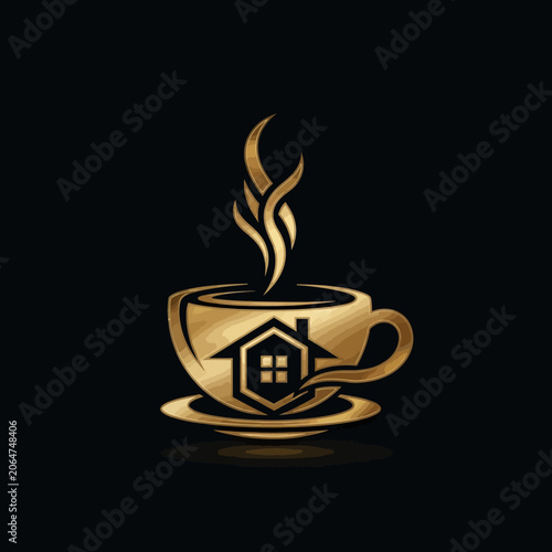 Golden coffee cup with house logo.