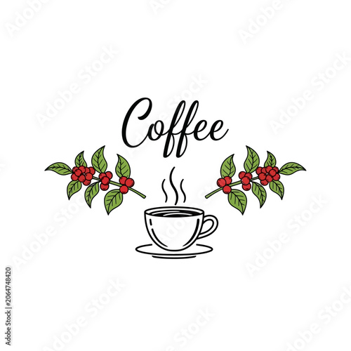 A cup of coffee with steam and coffee beans.