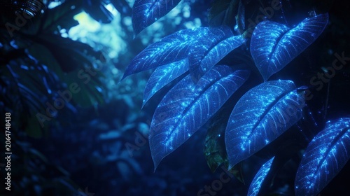 Glowing leaves in a dark, lush forest.  Mysterious and vibrant luminescent foliage, creating a magical and otherworldly ambiance