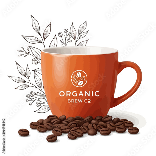 Organic coffee mug with coffee beans.