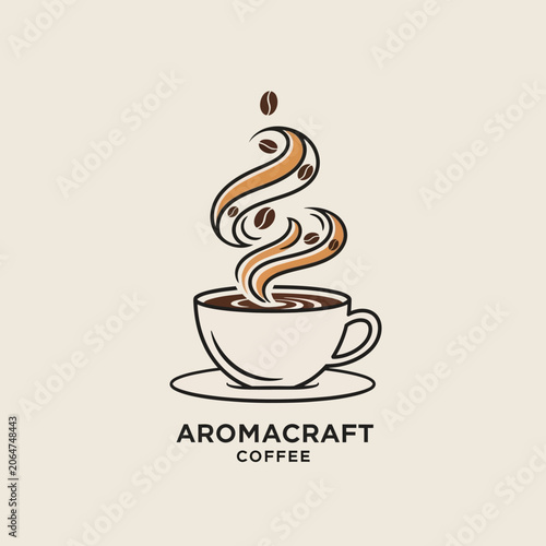Aromatic coffee cup with steam and beans.