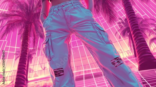 Trendy,  pastel-toned  cargo pants.  Low-angle  fashion shot