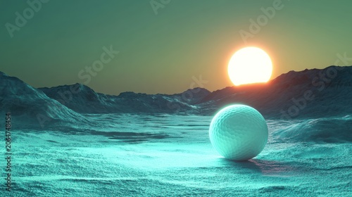 Icy sphere on a desolate landscape at sunrise
