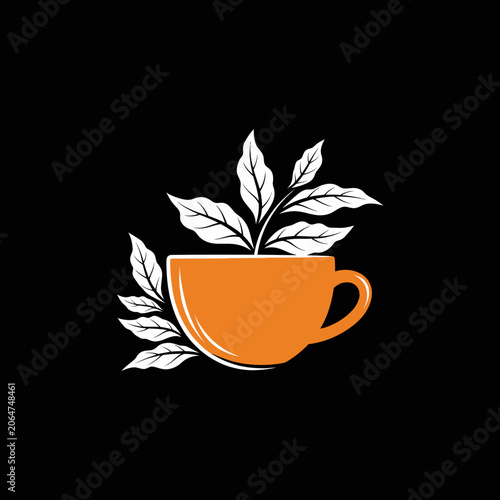 A stylized illustration of a tea cup with leaves.