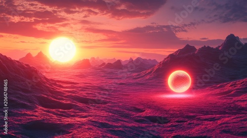 Crimson alien landscape at sunset. Two suns paint the valley in vibrant hues