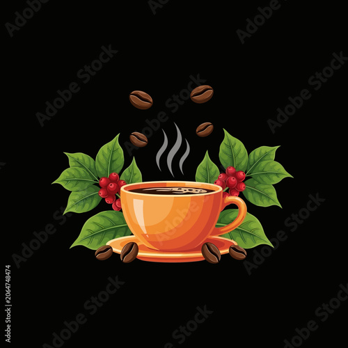 A steaming cup of coffee surrounded by coffee beans and holly leaves on a black background.