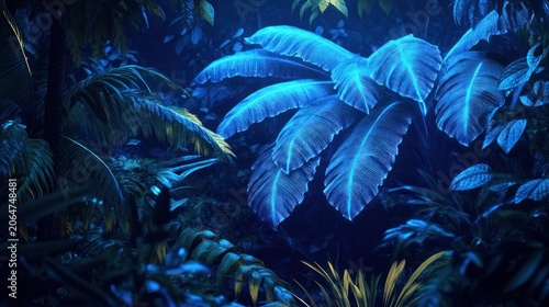 Lush, vibrant jungle foliage illuminated by an ethereal blue glow.  Dense vegetation with large, detailed leaves