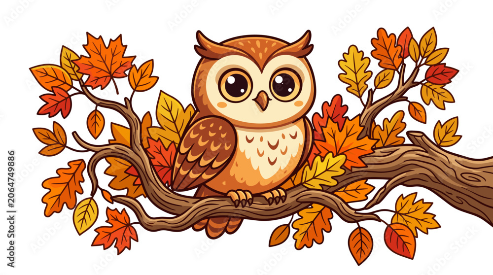 Fototapeta premium Cute cartoon owl perched on a branch with autumn leaves