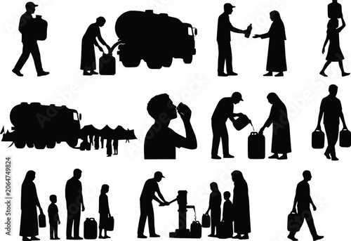 Fotografie Water crisis distribution refugee camp survival silhouettes vector set isolated