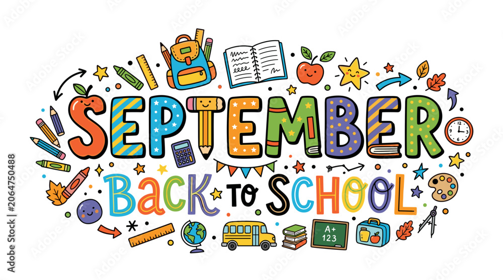 Fototapeta premium September Back to School Doodle Art with School Supplies