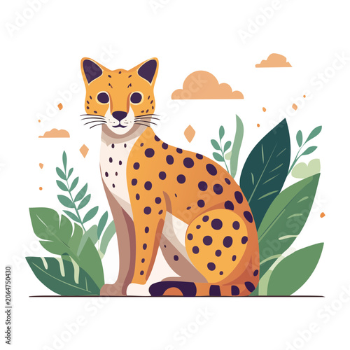 Flat design illustration of a cheetah with tropical foliage