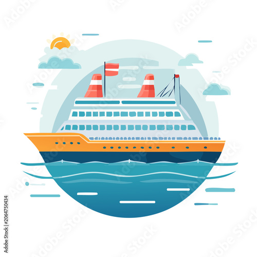 Flat design illustration of a cruise ship at sea