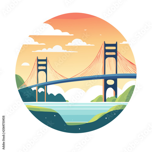 Flat design illustration of a suspension bridge at sunset