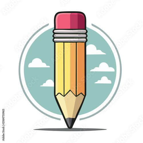 Flat design pencil with eraser on light blue background