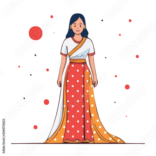 Woman in red polka dot saree illustration
