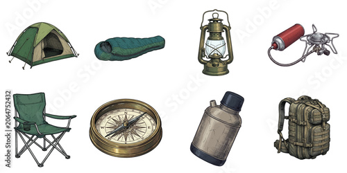 Camping Essentials Collection with Tent Sleeping Bag Lantern Camp Stove Compass and Backpack