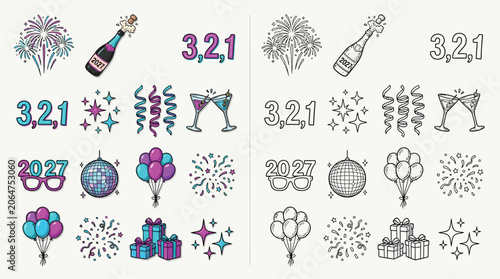 Photography New Year's Eve celebration elements including fireworks, champagne, confetti, balloons, gifts, and party glasses