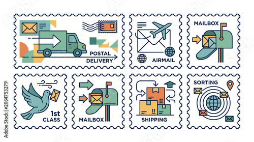 Foto Postal Service Icons: Delivery, Airmail, Mailbox, Shipping, Sorting