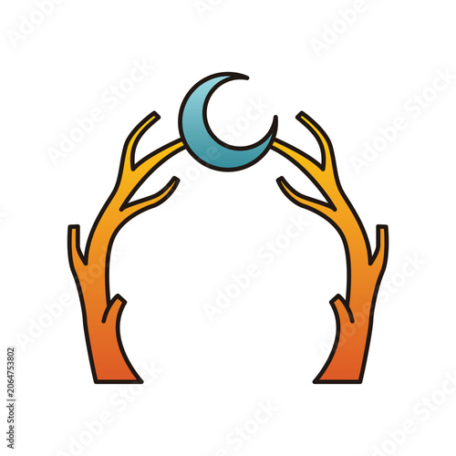 Abstract crescent moon vector arc with orange tree branches minimalist background