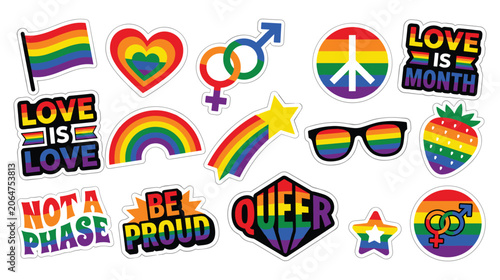 Schilderij op canvas Lgbtq pride stickers collection featuring rainbow symbols and positive love messages set