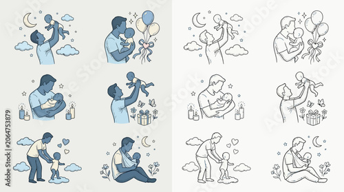 Billede på lærred Father and Child Bonding Moments: A Collection of Sweet Illustrations Showing Love and Care