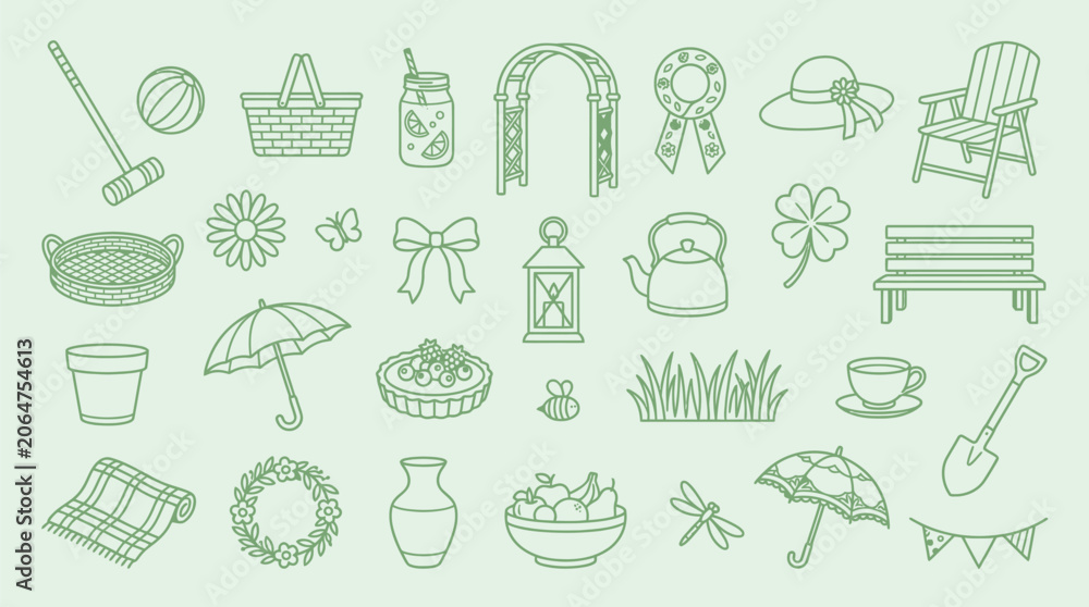 Fototapeta premium Collection of garden and outdoor leisure icons in a simple line art style.