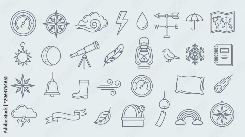 Naklejka premium Collection of weather and nature related icons, including sun, clouds, rain, snow, wind, and astronomical tools.