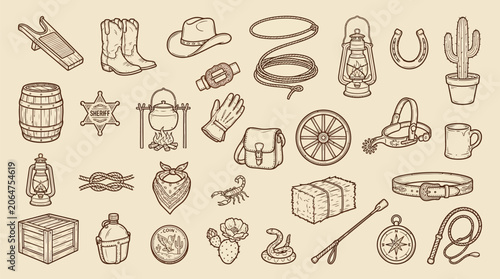 Foto Collection of hand-drawn cowboy and western-themed icons and illustrations on a beige background
