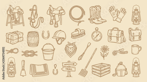 Bild auf Leinwand Collection of hand-drawn cowboy and ranching equipment icons on a beige background