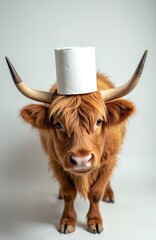 Highland cow with toilet paper roll on head. Funny animal in studio photo. Livestock with humorous accessory. The image is great for creative content. Good for marketing materials.