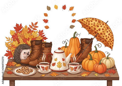 Colorful fall harvest table with pumpkins and hot drinks